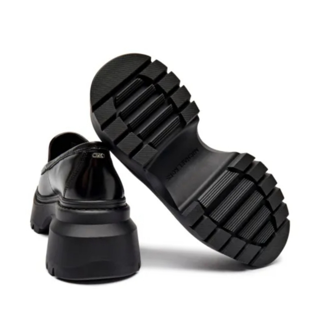 Michael Kors Black Leather Platform Loafers Shiloh Extreme Lug Chunky Shoe - Picture 3 of 8